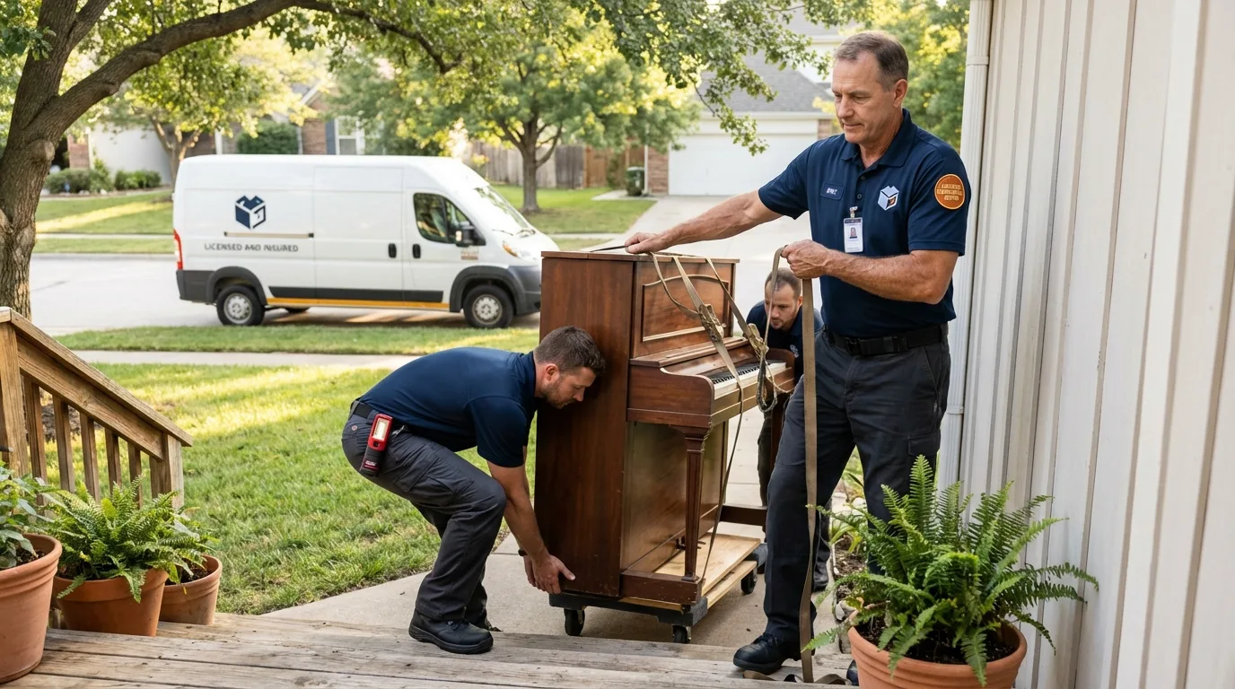 Licensed piano movers securing grand piano in Newton, NH