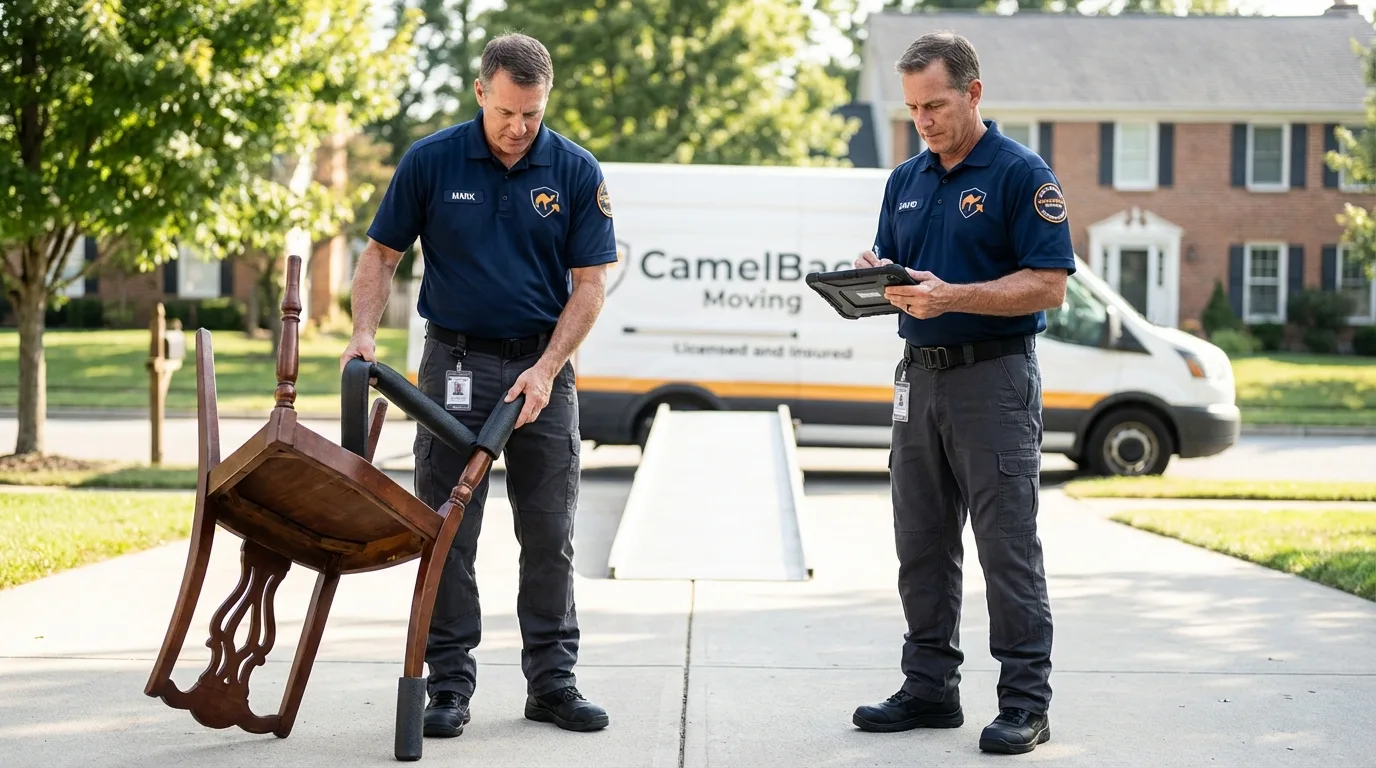 Movers inspecting furniture for damage prevention before loading in Newton, NH