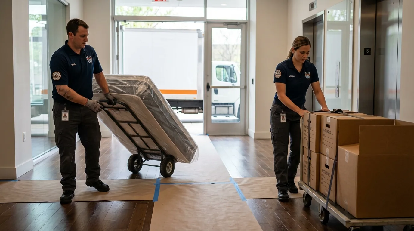 Professional apartment movers loading elevator in Newton, NH