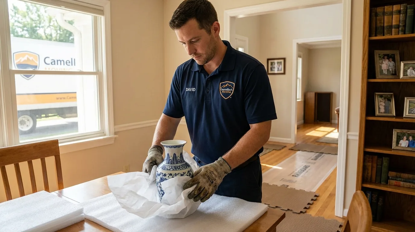 Professional crew carefully wrapping antique vase for senior downsizing move in Newton, NH