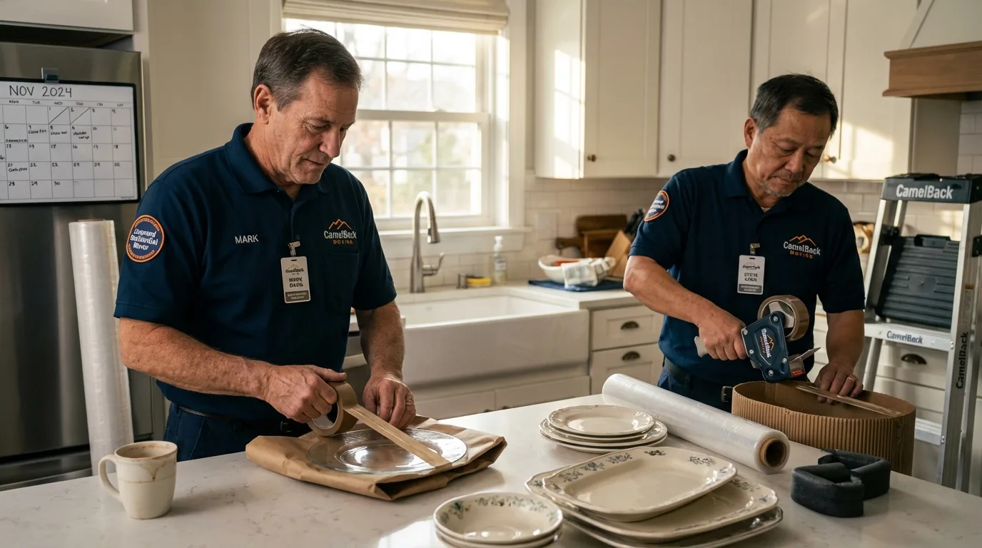 Professional crew packing kitchen dishware in Newton, NH